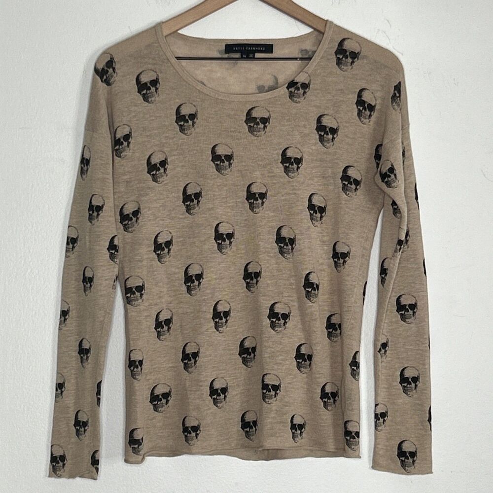Skull Cashmere 100% Linen Skull Print Sweater Top XS Round Neck Tan Black